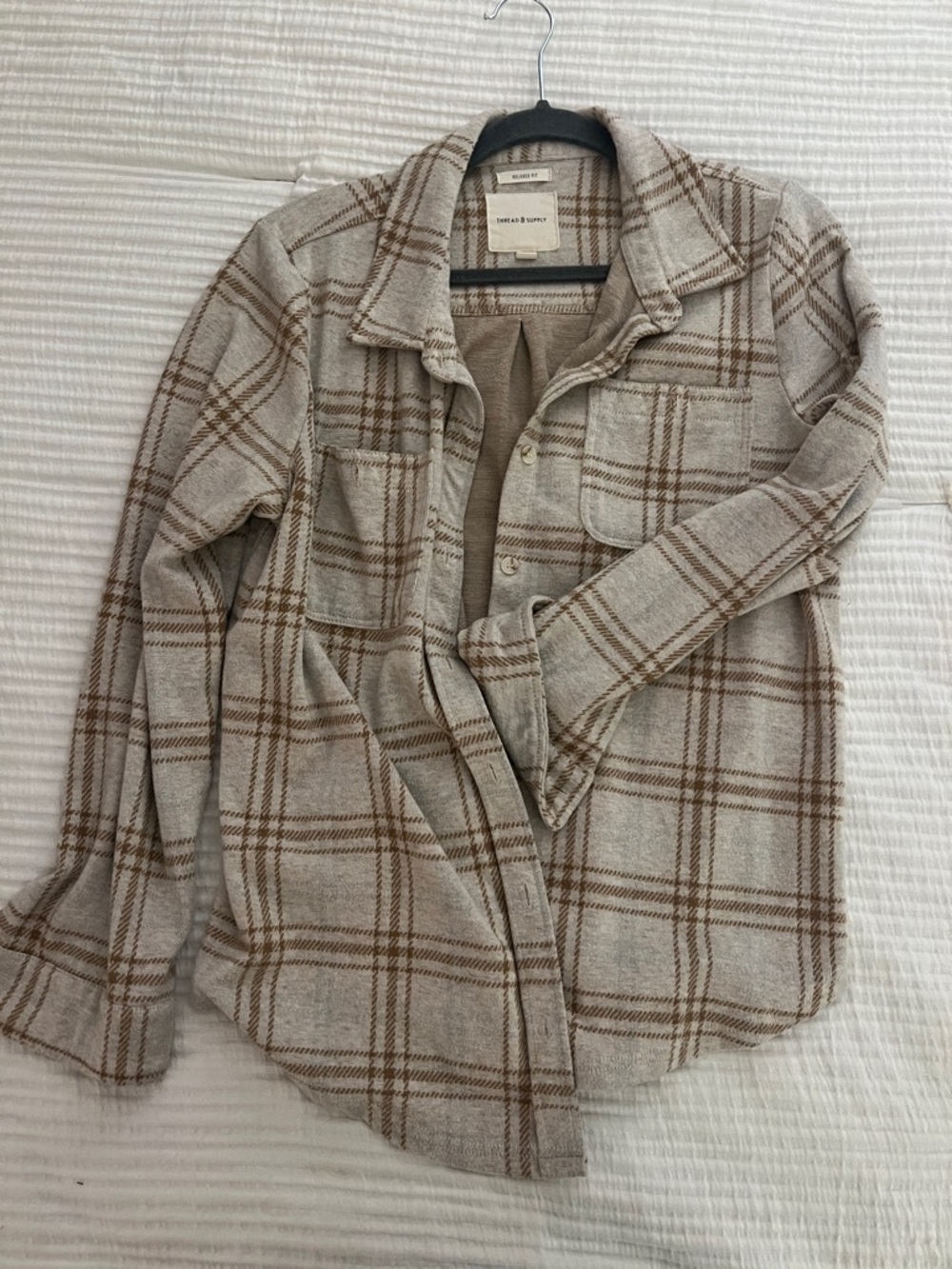 Thread & Supply Beige and Brown Plaid Button-Front Shacket